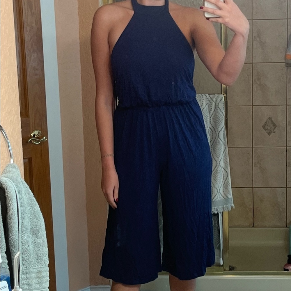 Lulu’s blue halter neck jumpsuit medium